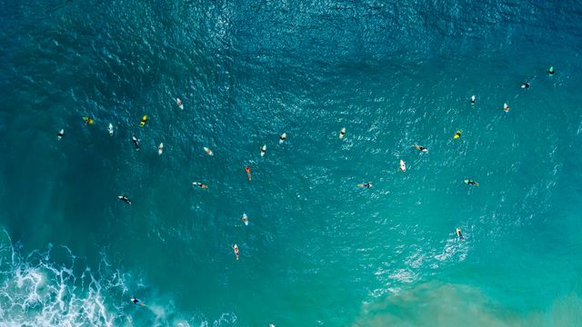 Aerial view of surfers, Santa Catarina, Brazil