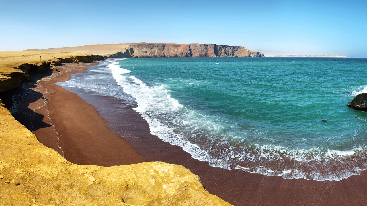 Red Sand Beach Turquoise Ocean Desert Cliffs, Paracas National Reserve, Peru