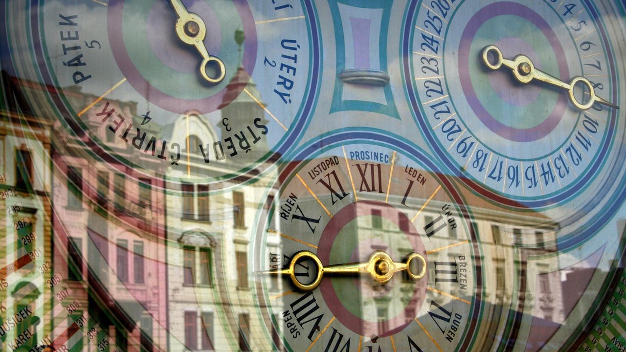 Buildings reflected in the astronomical clock of Olomouc, Czech Republic 