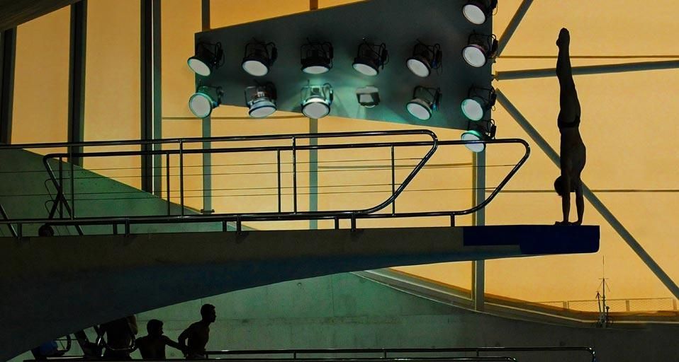 Matthew Mitcham on the diving platform at the Aquatics Centre in the  Olympic Park in Stratford, London, England