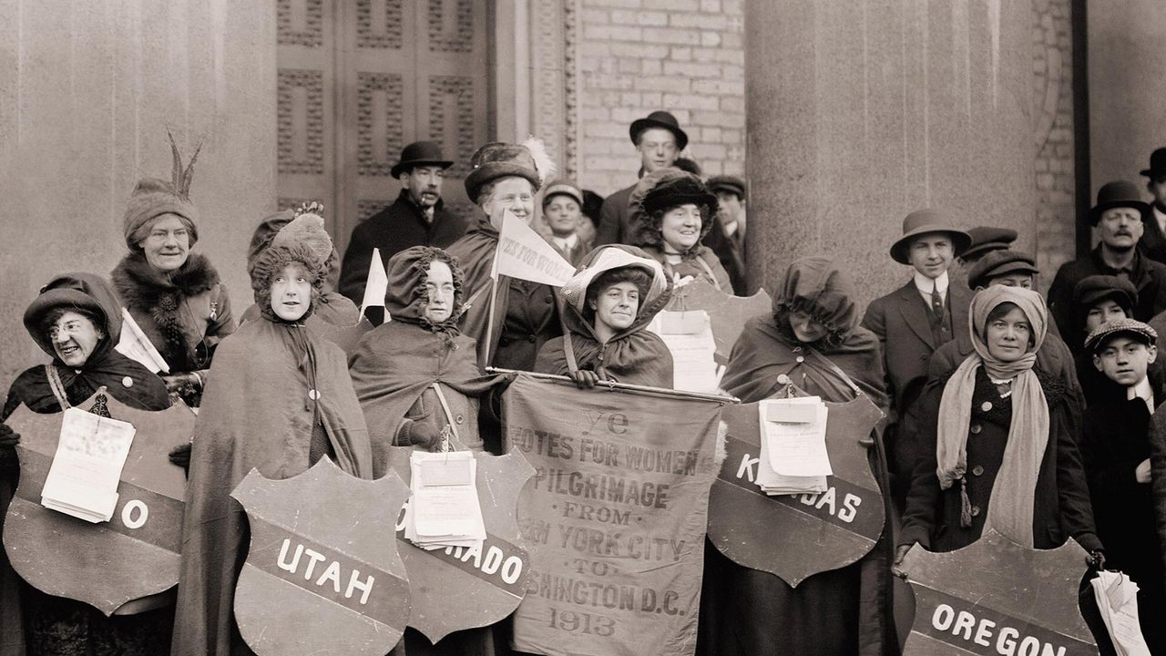 Women's suffragists who walked from New York City to Washington, DC, to join the National American Woman Suffrage Association parade on March 3, 1913