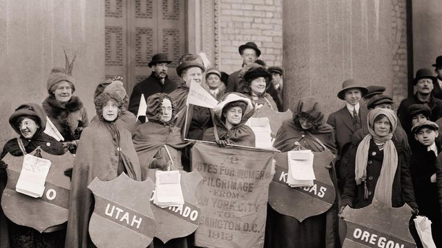 Women's suffragists who walked from New York City to Washington, DC, to join the National American Woman Suffrage Association parade on March 3, 1913