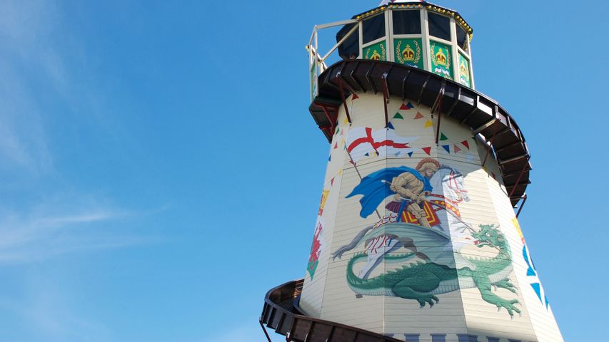 A helter skelter ride decorated with St George and the Dragon in Plymouth, Devon 
