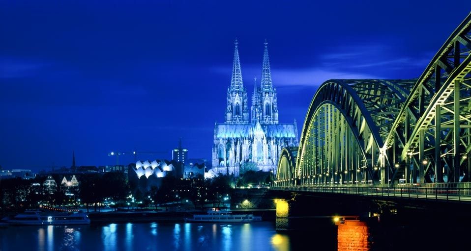 Skyline of Cologne, Germany, at dusk