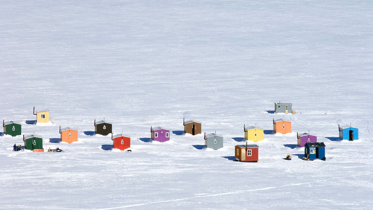 Overhead of ice fishing huts in Anse-St-Jean, Que. 