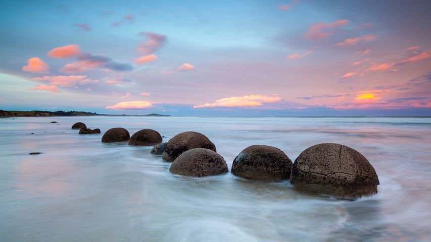 Massi di Moeraki al tramonto, Isola del Sud, Nuova Zelanda - Bing Gallery