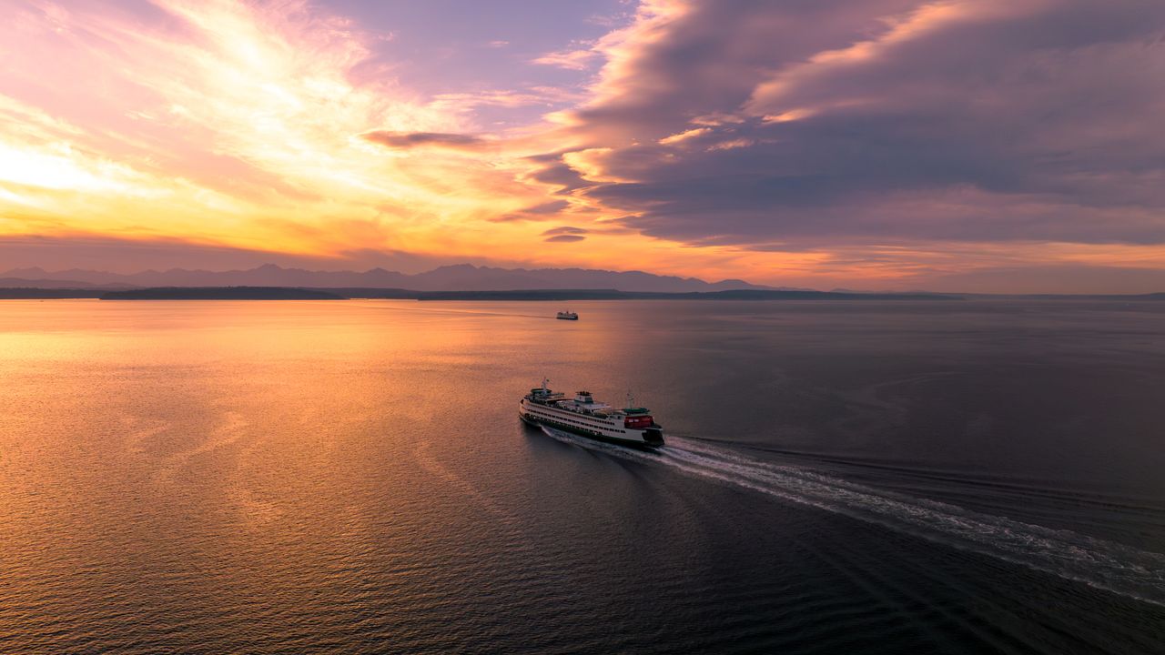 Washington State Ferry at sunset, Mukilteo-Clinton passage, Puget Sound, United States