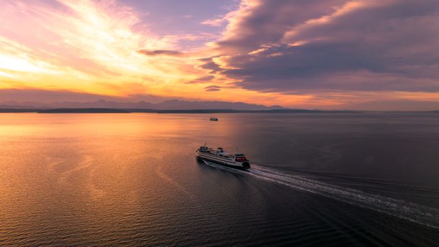 Washington State Ferry at sunset, Mukilteo-Clinton passage, Puget Sound, United States