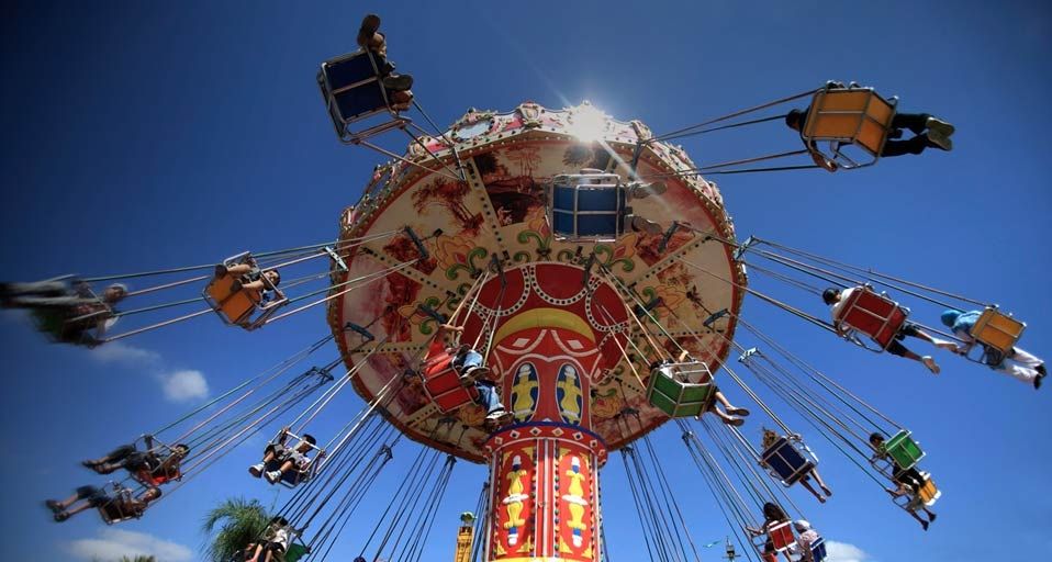 Kids enjoying an amusement park ride on Eid in the West Bank city of ...