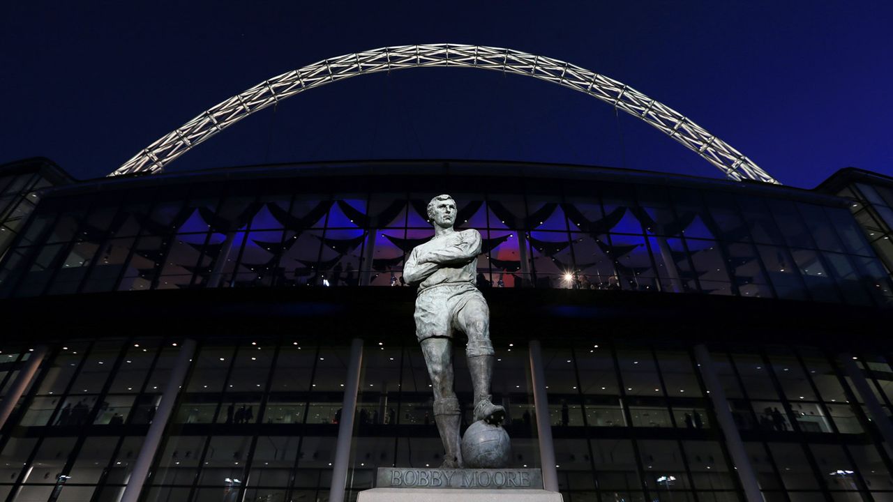 Statue of Bobby Moore outside Wembley Stadium, London 
