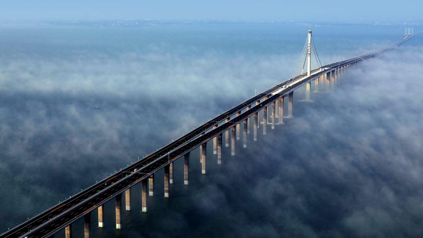 Aerial view of Jiaozhou Bay Bridge in Qingdao, east China's Shandong Province