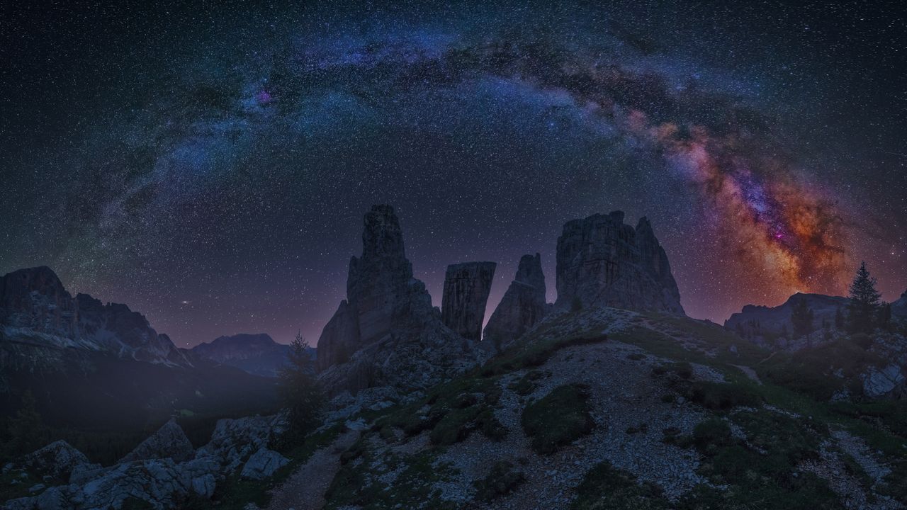 Dolomite Mountains at night with the Milky Way, Italy