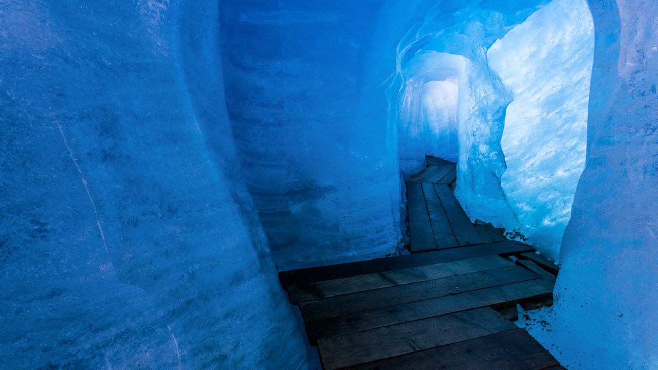 Rhône Glacier ice grotto in Valais, Switzerland