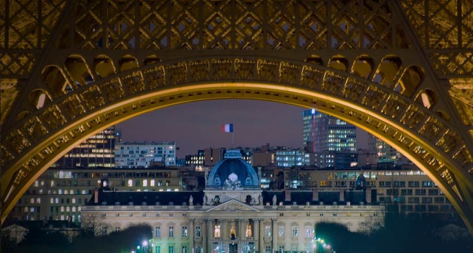Night view of the École Militaire from the Eiffel Tower, Paris, France
