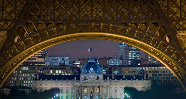 Night view of the École Militaire from the Eiffel Tower, Paris, France