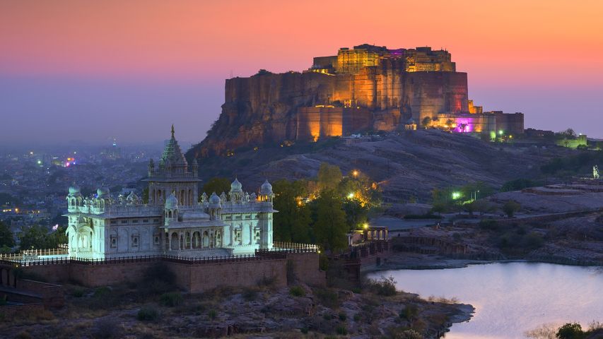 View of Jaswant Thada and Mehrangarh Fort in Jodhpur city in Rajasthan, India.