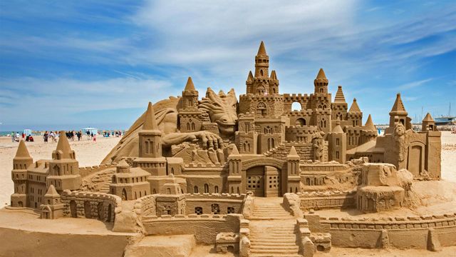 Sandcastle on Malvarrosa Beach in Valencia, Spain