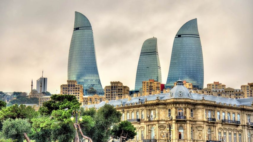 Flame Towers and skyline of Baku, Azerbaijan 
