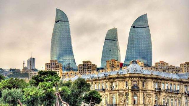 Flame Towers and skyline of Baku, Azerbaijan