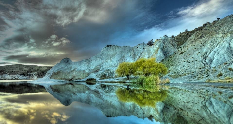 Reflection on Blue Lake, adjacent to St. Bathans, Central Otago, New Zealand