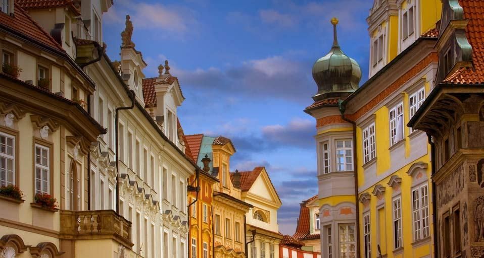 Buildings lining a street in Prague, Czech Republic