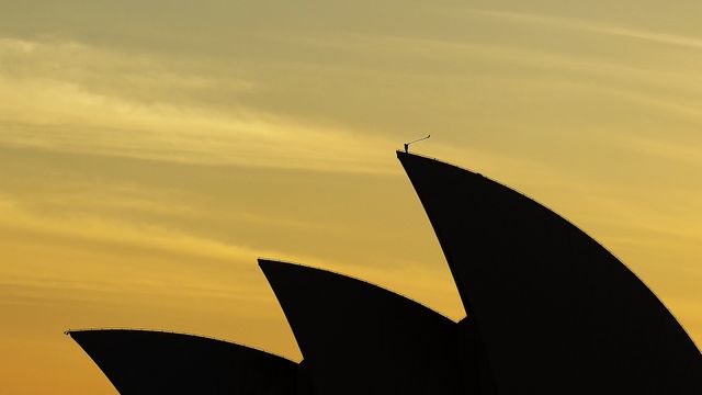 Arkady Shilkloper plays his three-metre-long alphorn atop the Sydney Opera House as part of the 2013 Sydney Festival
