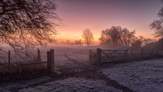 Wintersonnenaufgang in Dedham, Colchester, England