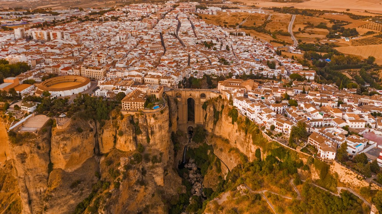 Aerial view of El Tajo gorge and the Puente Nuevo bridge in Ronda, Málaga, Spain