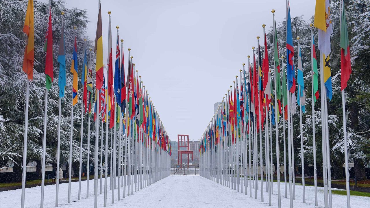 Banderas en la sede de la ONU en Ginebra, Suiza