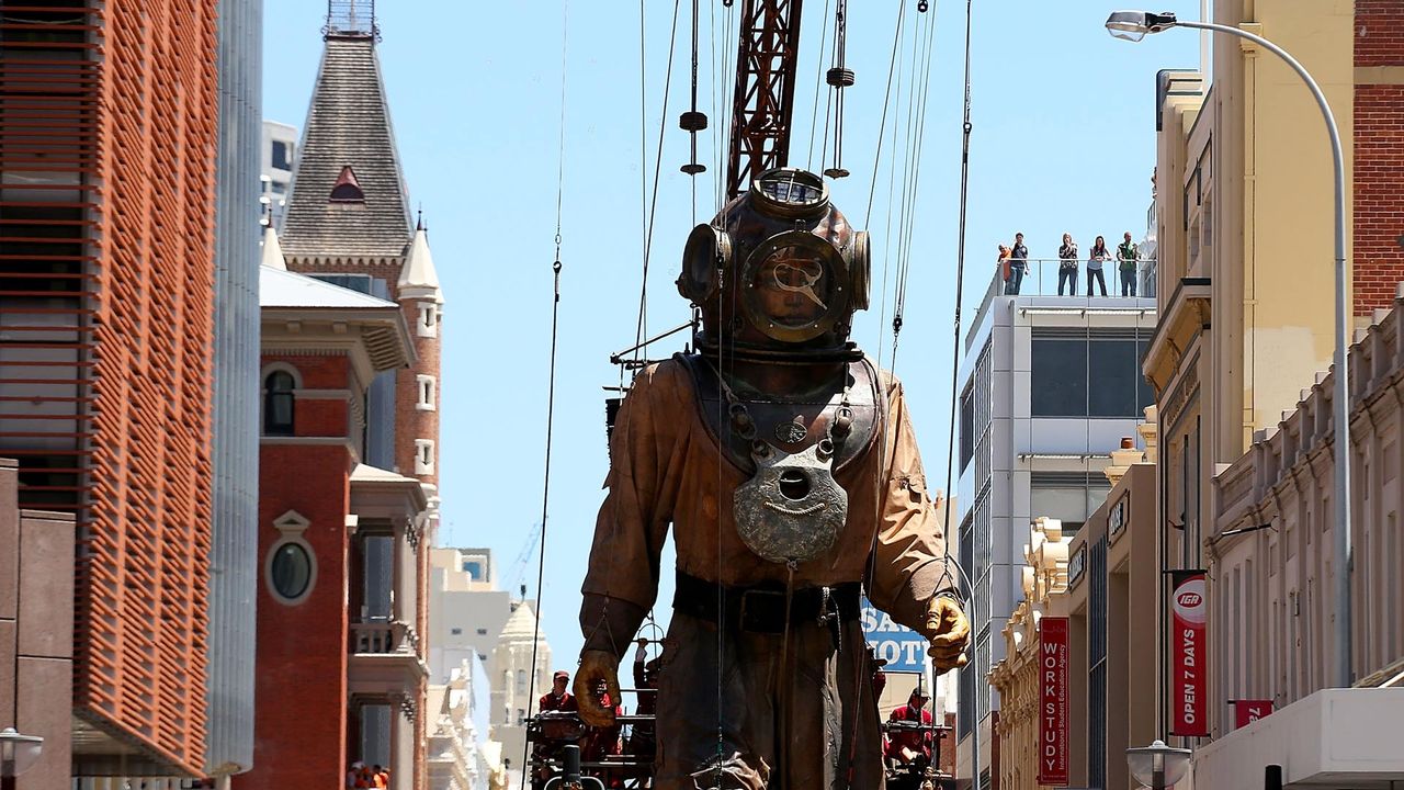 The Diver Giant walks up Hay Street during the 2015 Perth International Arts Festival
