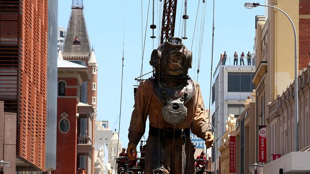 The Diver Giant walks up Hay Street during the 2015 Perth International Arts Festival