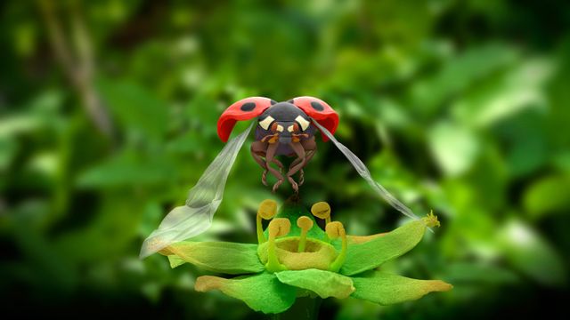 Coloured scanning electron micrograph of a seven-spot ladybird in flight 