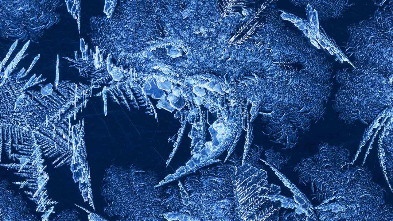 Frost patterns on a steel beam on a bridge over Mistaya Canyon, Banff National Park, Alberta 