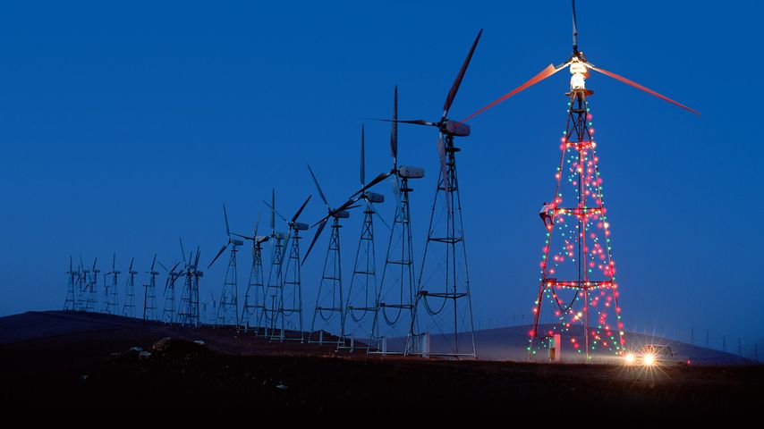 Christmas lights display on a California wind farm
