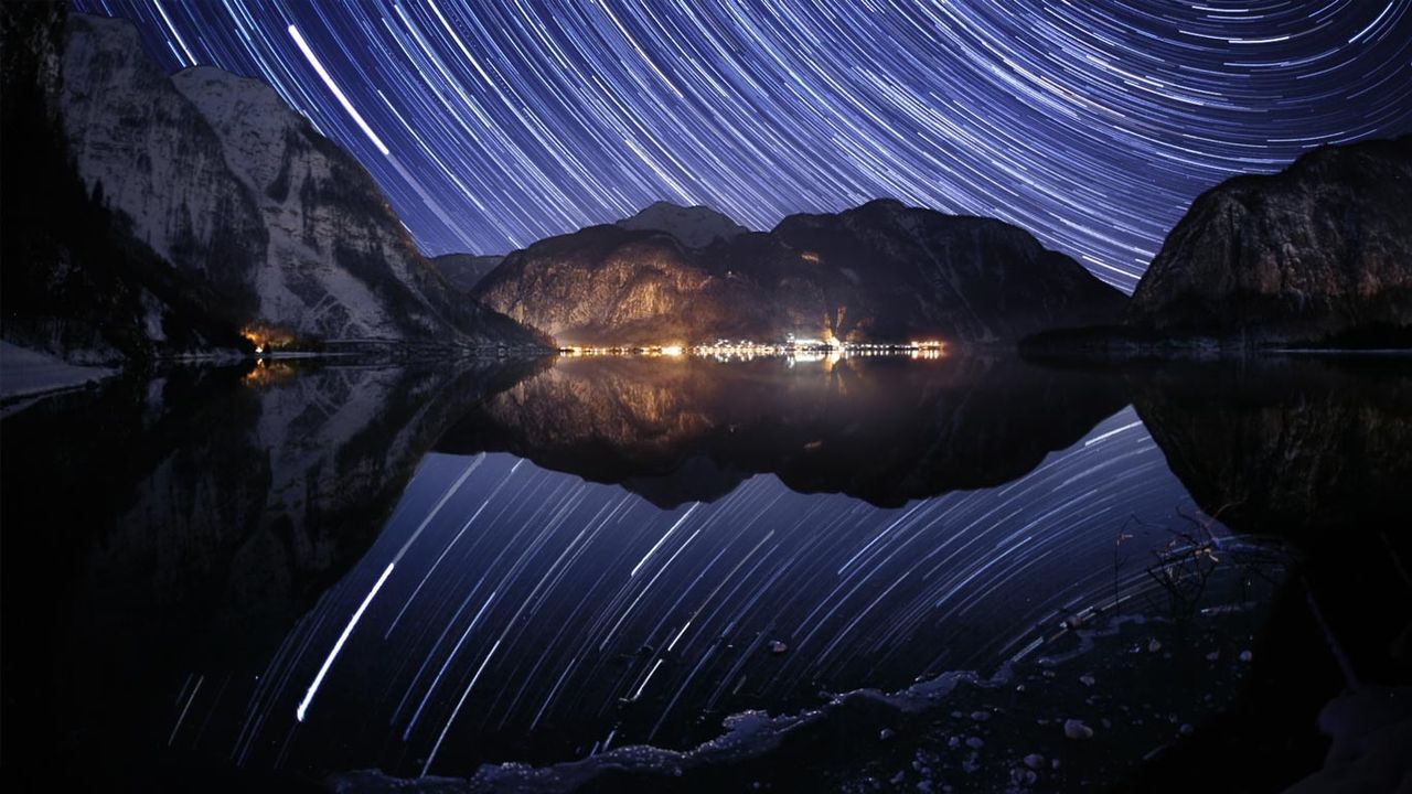 Stars arc over Lake Hallstatt, Austria