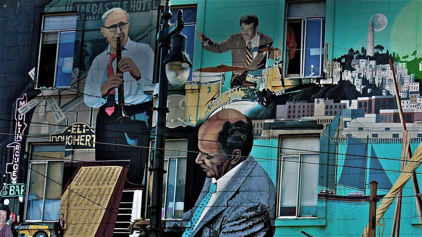 Das North Beach Jazz-Wandbild des Bay Area-Künstlers Bill Weber, San Francisco, Kalifornien, USA