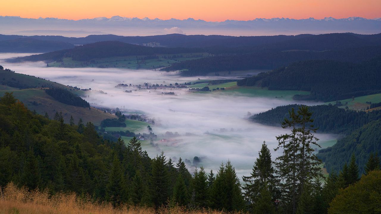 Blick vom Herzogenhorn auf das Bernauer Hochtal, Bernau und die Schweizer Alpen