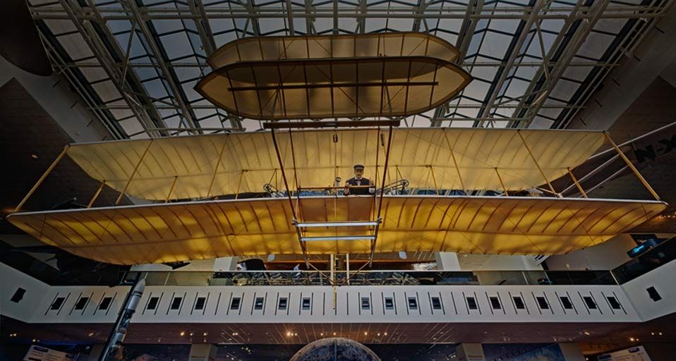 The 1903 Wright Flyer, hanging in the Milestones of Flight exhibit at the Smithsonian National Air and Space Museum in Washington, D.C.