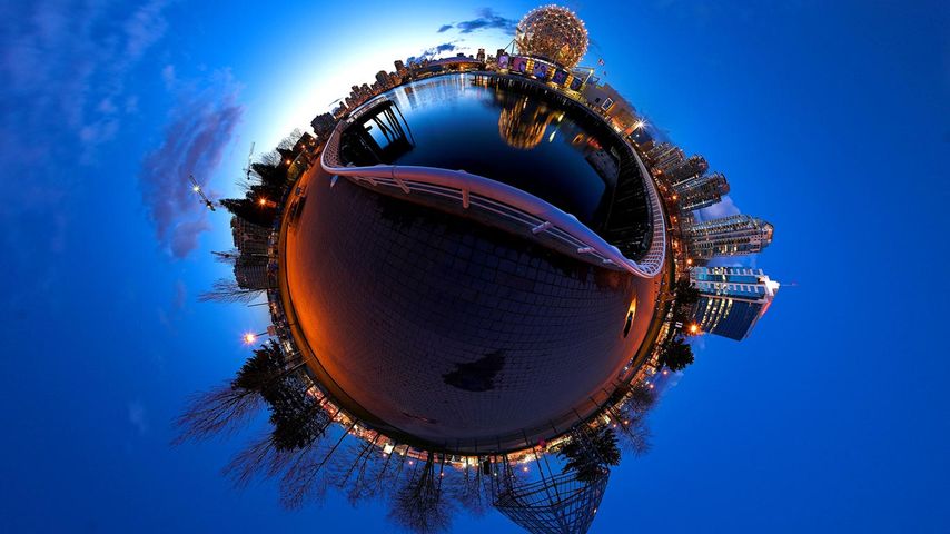 Stereographic projection of False Creek and Science World.  View of South False Creek and Science World. Vancouver, British Columbia, Canada
