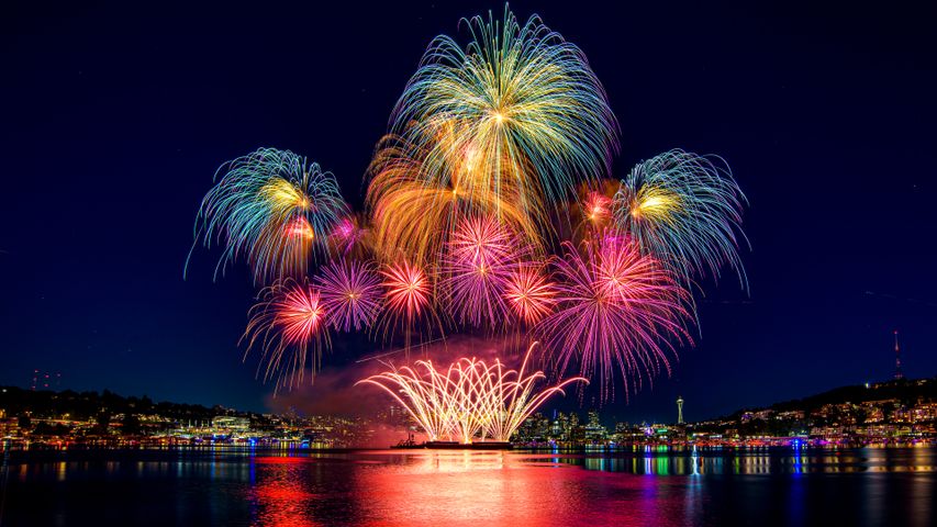 Fourth of July fireworks over Lake Union in Seattle