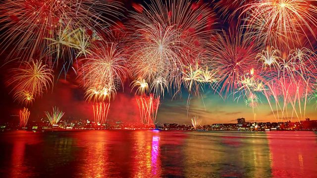 Fireworks display in New York City as seen over the Hudson River from Hoboken, New Jersey