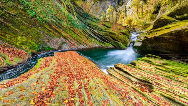 阿尔卑斯山Cheran峡谷中流淌的河流,法国萨瓦