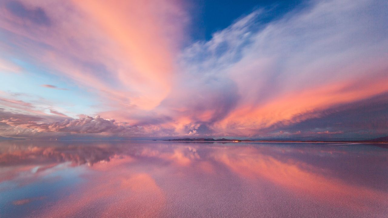 Pink Orange Sunset Reflection Salar de Uyuni, Bolivia