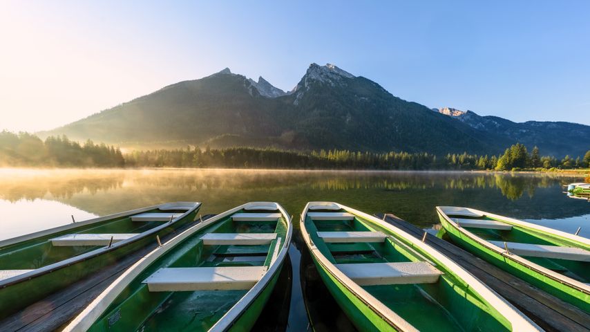 Row of boats at Hintersee lake, Bavaria, Germany