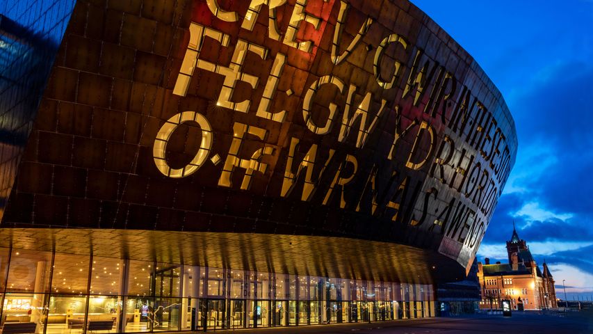 Wales Millennium Centre and The Pierhead building at dawn, Cardiff Bay
