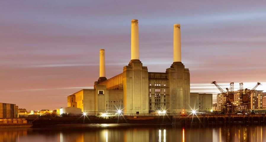 Battersea Power Station, London, lit up at night