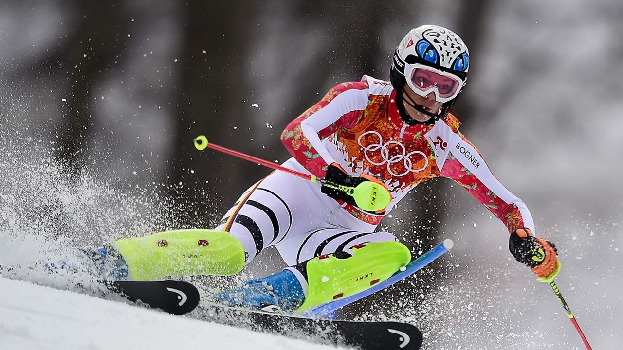 Maria Höfl-Riesch während der Super-Kombination auf der Piste von Rosa Chutor bei den Olympischen Winterspielen 2014 in Sotschi am 10. Februar 2014.