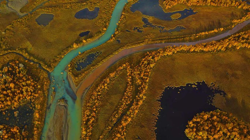 Delta de la rivière Rapaätno dans le parc national de Sarek, Suède
