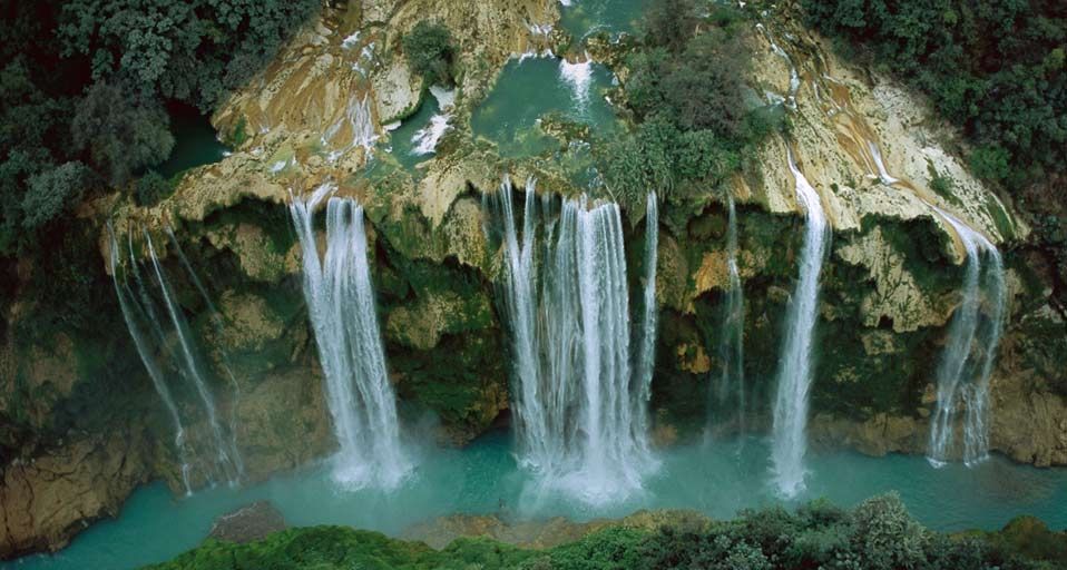 Aerial view of Tamul waterfall in the Huasteca Potosina region, Mexico