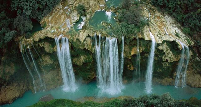 Aerial view of Tamul waterfall in the Huasteca Potosina region, Mexico